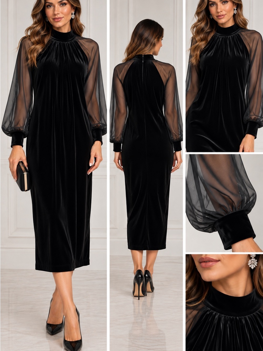 Calvin Klein Black Velvet Midi Dress with Sheer Bishop Sleeves size 10